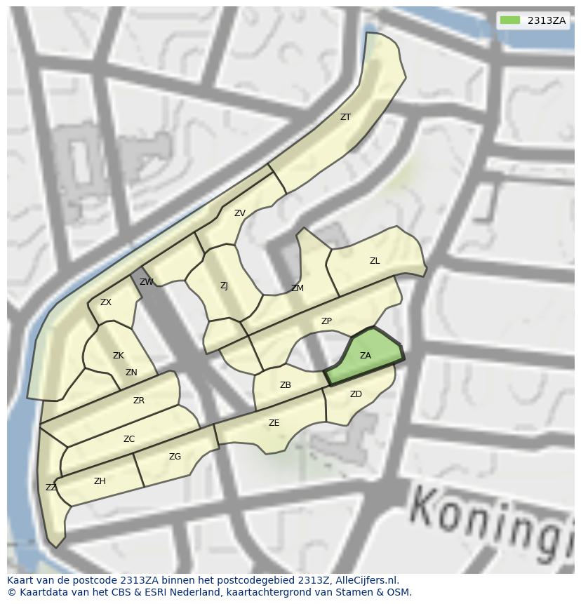 Afbeelding van het postcodegebied 2313 ZA op de kaart.