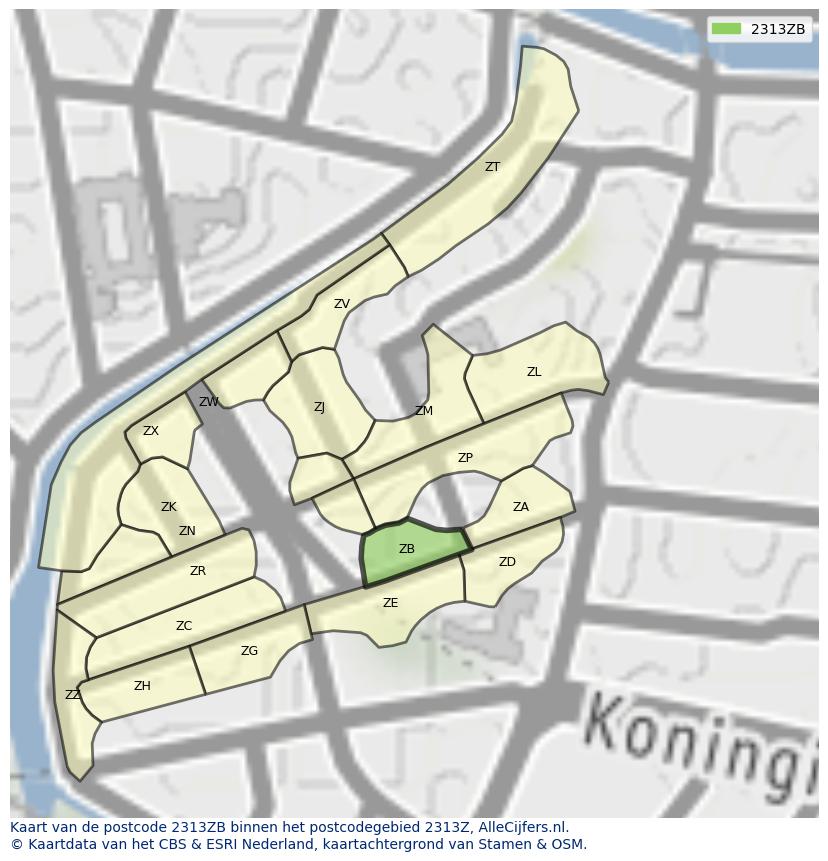 Afbeelding van het postcodegebied 2313 ZB op de kaart.