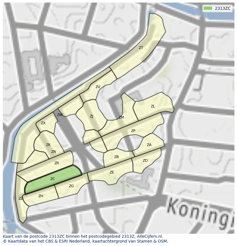 Afbeelding van het postcodegebied 2313 ZC op de kaart.
