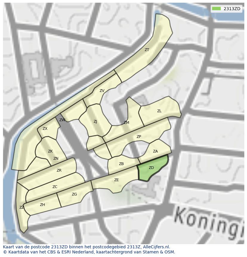 Afbeelding van het postcodegebied 2313 ZD op de kaart.