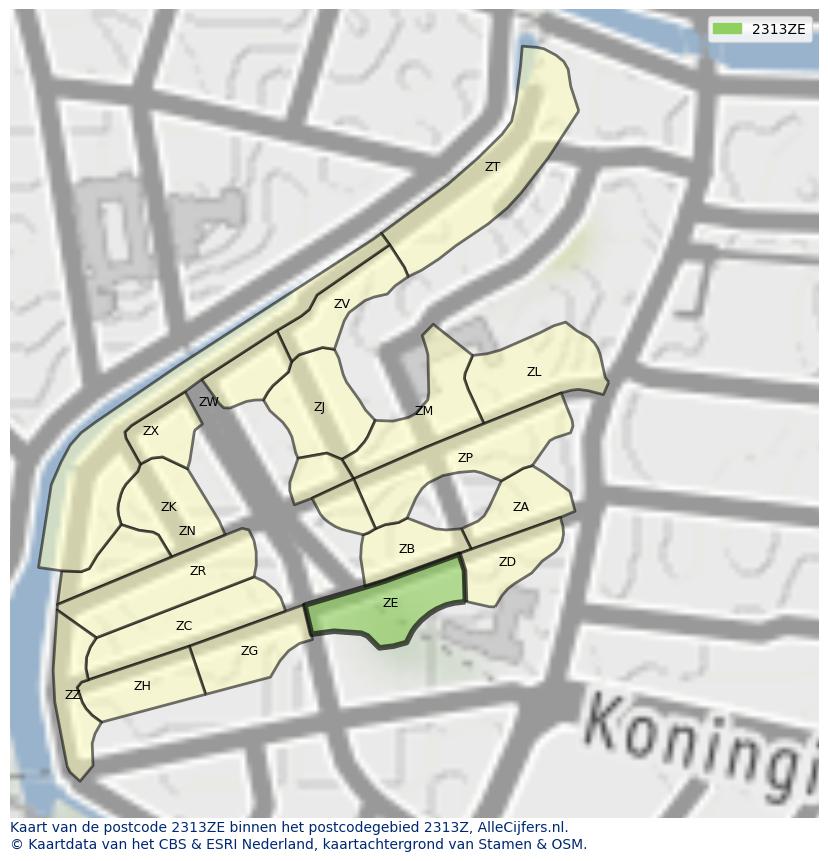 Afbeelding van het postcodegebied 2313 ZE op de kaart.