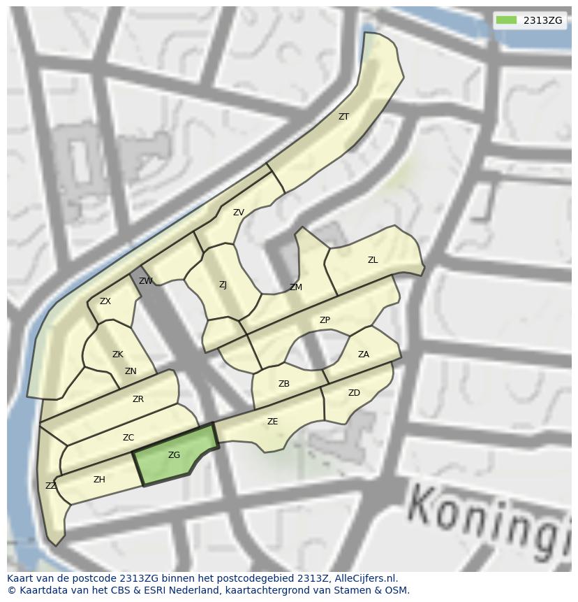 Afbeelding van het postcodegebied 2313 ZG op de kaart.