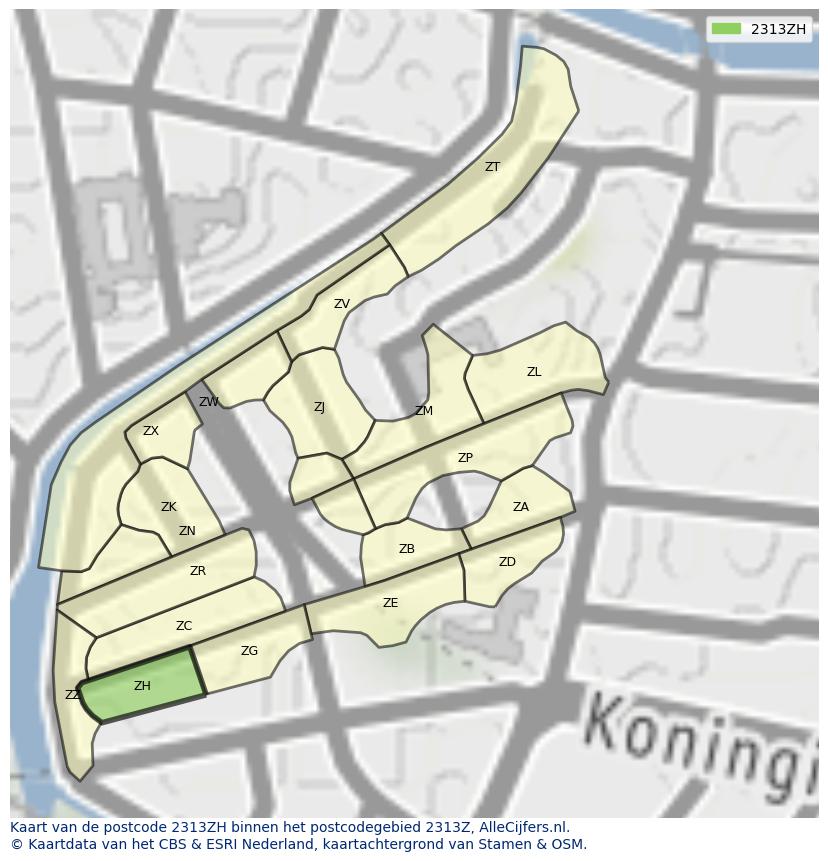 Afbeelding van het postcodegebied 2313 ZH op de kaart.