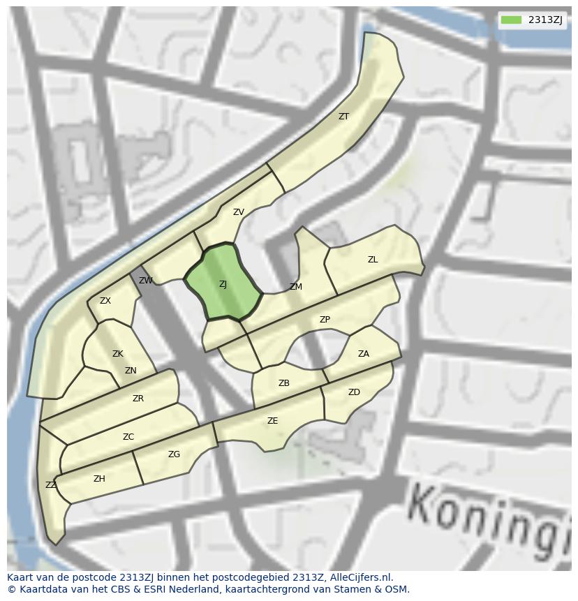 Afbeelding van het postcodegebied 2313 ZJ op de kaart.