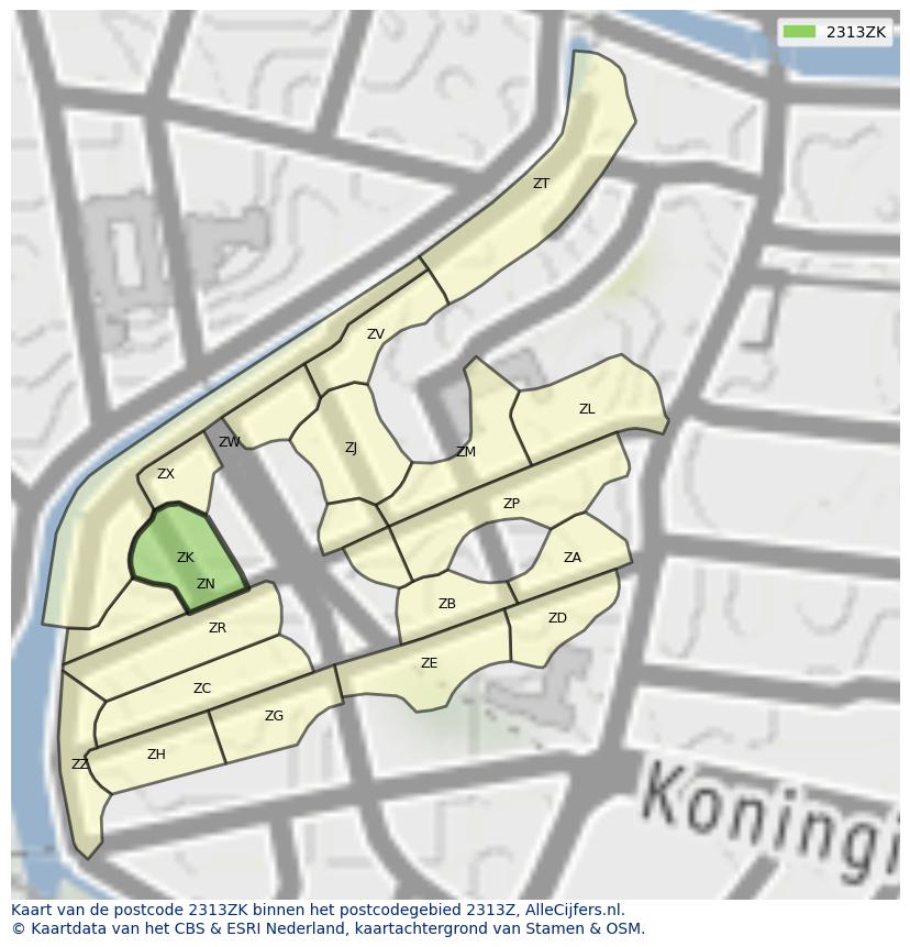 Afbeelding van het postcodegebied 2313 ZK op de kaart.