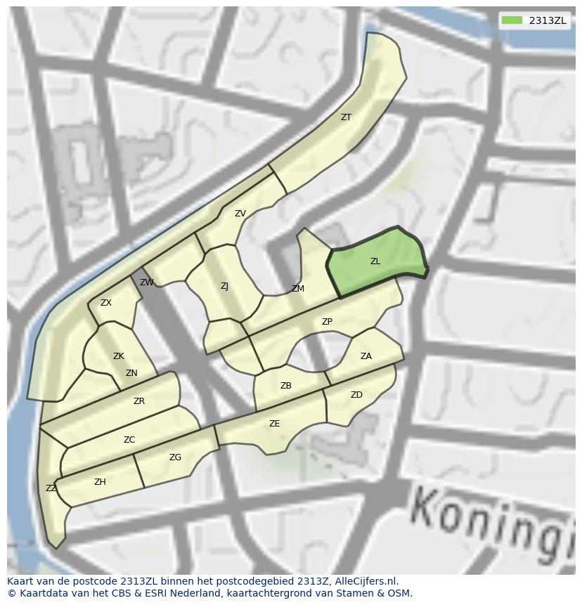 Afbeelding van het postcodegebied 2313 ZL op de kaart.