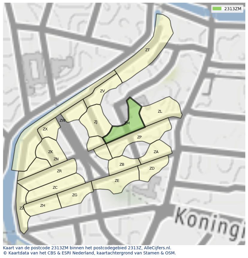 Afbeelding van het postcodegebied 2313 ZM op de kaart.