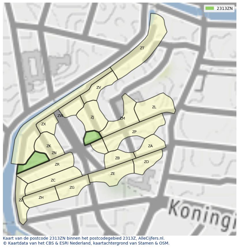Afbeelding van het postcodegebied 2313 ZN op de kaart.