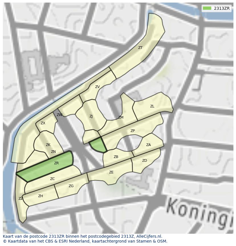 Afbeelding van het postcodegebied 2313 ZR op de kaart.