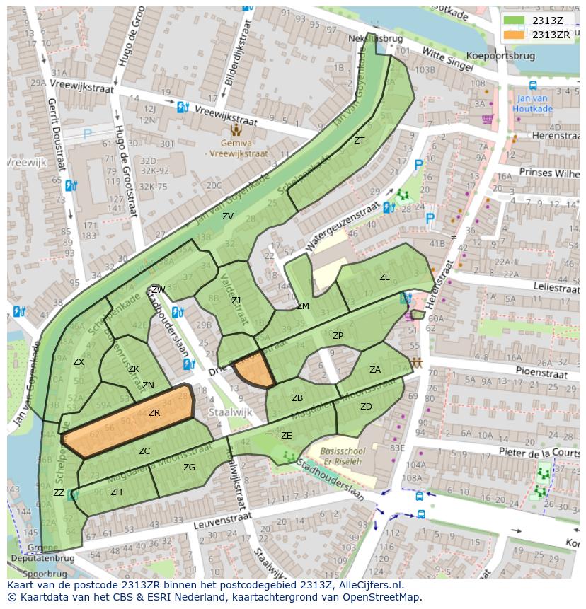 Afbeelding van het postcodegebied 2313 ZR op de kaart.