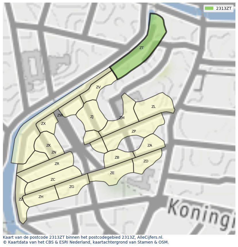 Afbeelding van het postcodegebied 2313 ZT op de kaart.