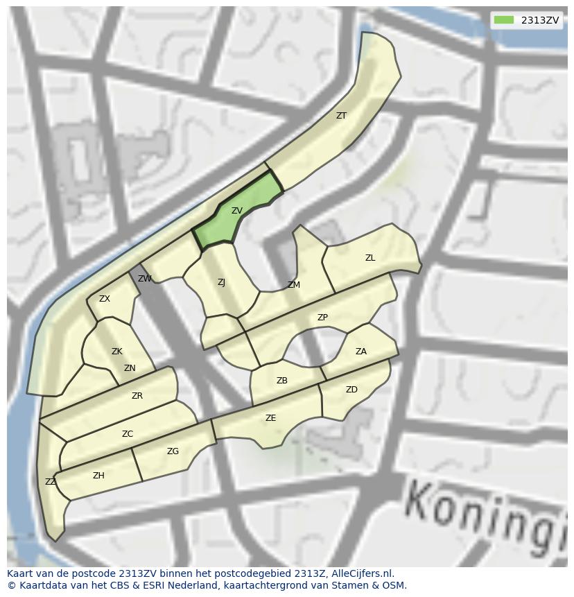 Afbeelding van het postcodegebied 2313 ZV op de kaart.