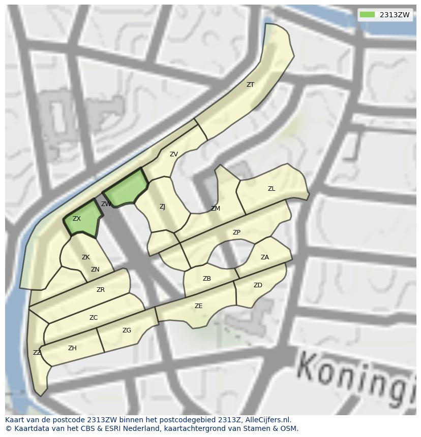 Afbeelding van het postcodegebied 2313 ZW op de kaart.