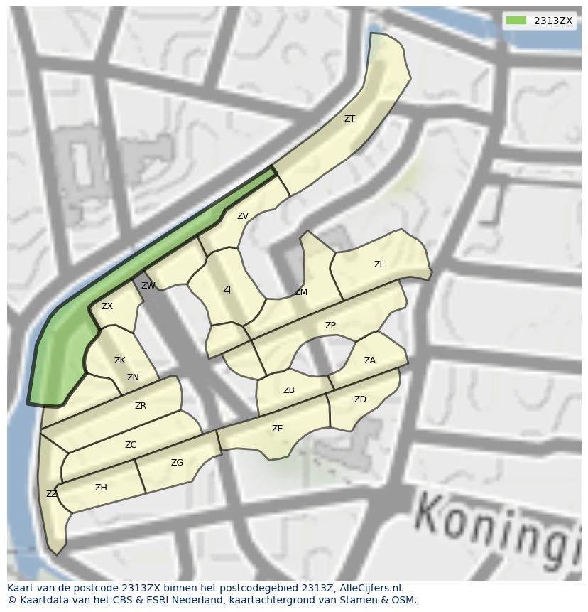 Afbeelding van het postcodegebied 2313 ZX op de kaart.