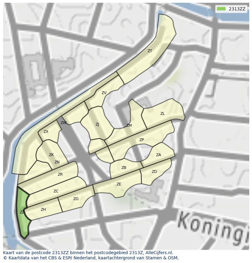 Afbeelding van het postcodegebied 2313 ZZ op de kaart.