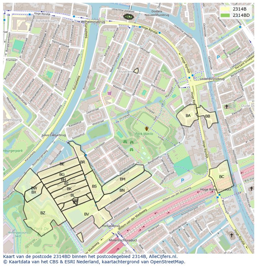 Afbeelding van het postcodegebied 2314 BD op de kaart.