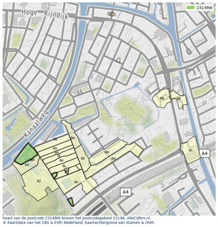 Afbeelding van het postcodegebied 2314 BW op de kaart.