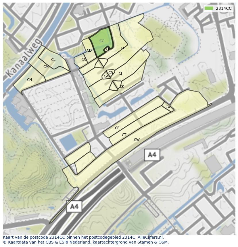 Afbeelding van het postcodegebied 2314 CC op de kaart.