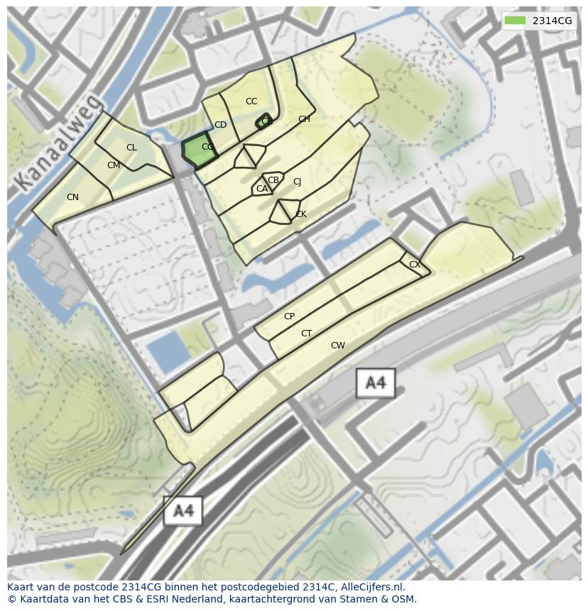 Afbeelding van het postcodegebied 2314 CG op de kaart.