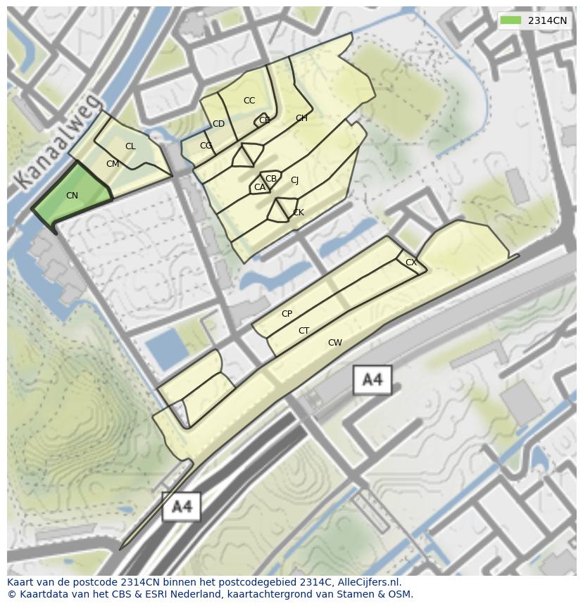 Afbeelding van het postcodegebied 2314 CN op de kaart.