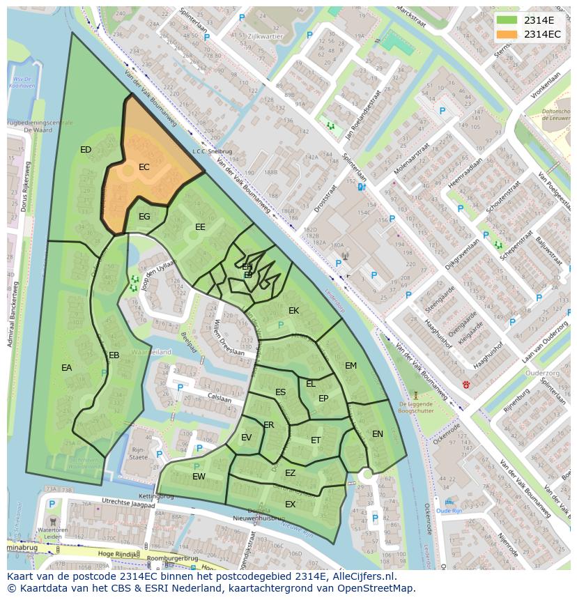 Afbeelding van het postcodegebied 2314 EC op de kaart.