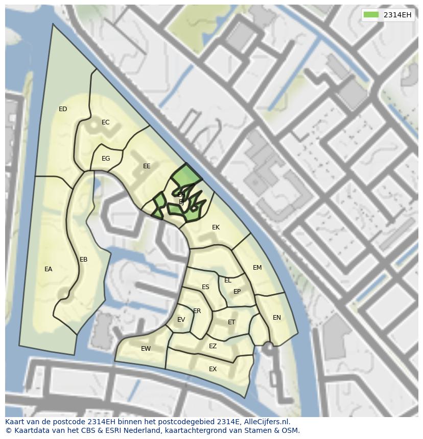 Afbeelding van het postcodegebied 2314 EH op de kaart.