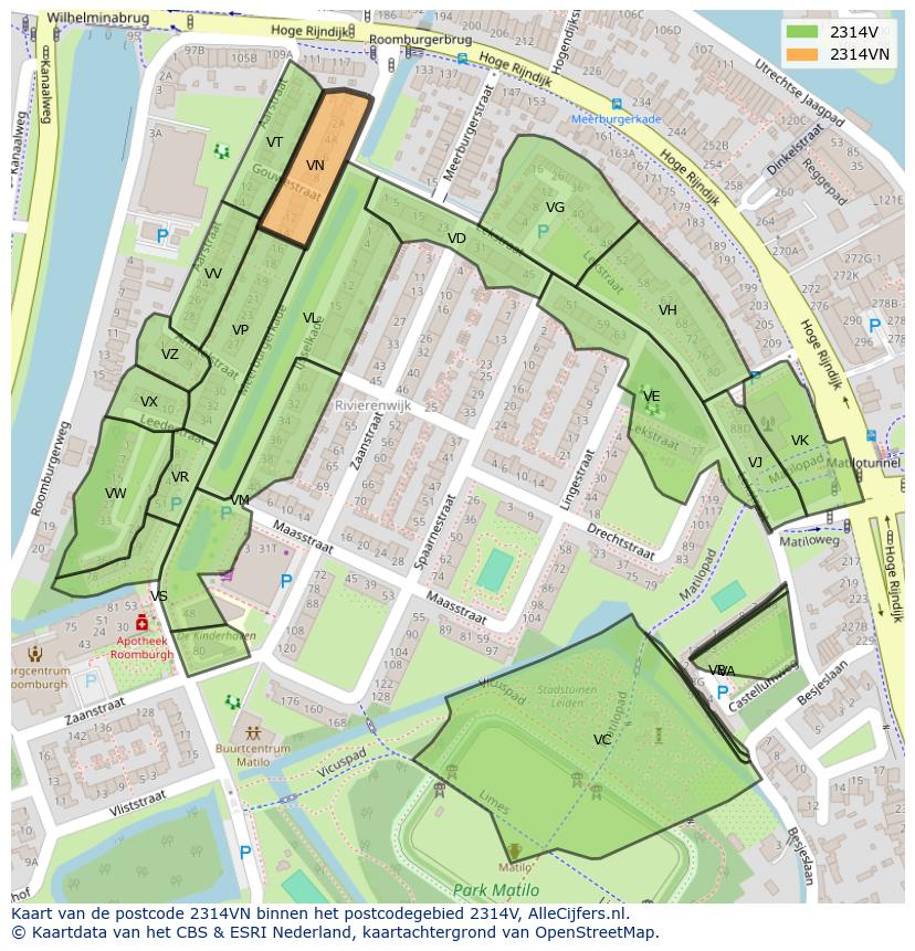 Afbeelding van het postcodegebied 2314 VN op de kaart.