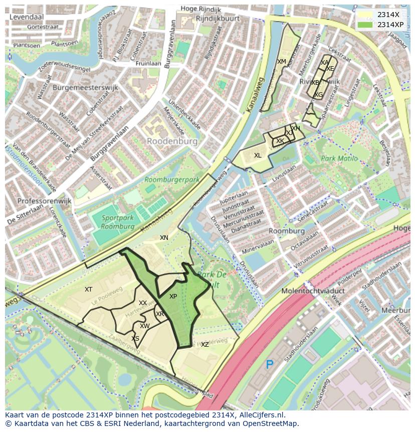 Afbeelding van het postcodegebied 2314 XP op de kaart.
