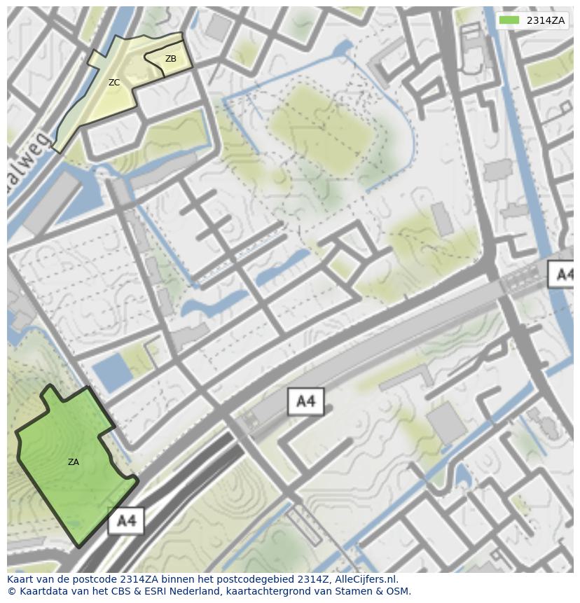 Afbeelding van het postcodegebied 2314 ZA op de kaart.