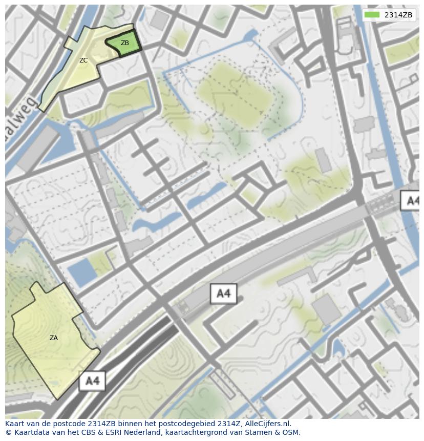 Afbeelding van het postcodegebied 2314 ZB op de kaart.