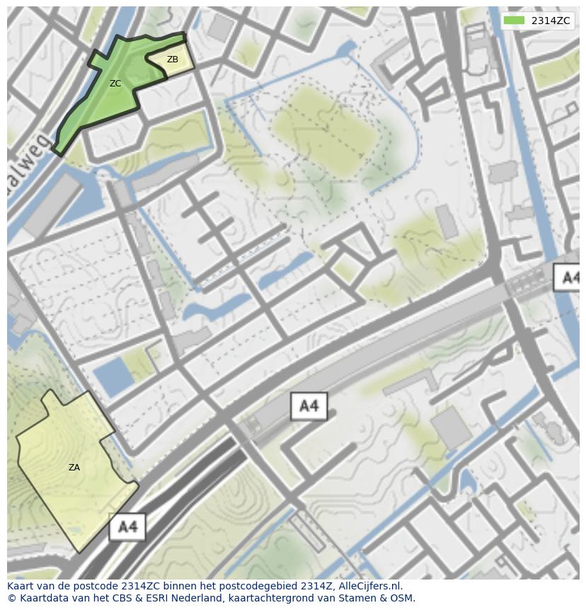 Afbeelding van het postcodegebied 2314 ZC op de kaart.