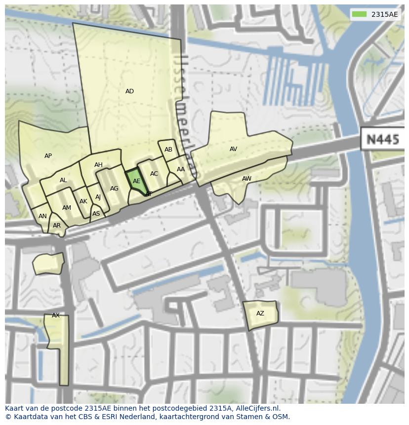 Afbeelding van het postcodegebied 2315 AE op de kaart.