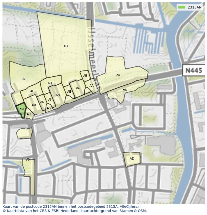 Afbeelding van het postcodegebied 2315 AN op de kaart.