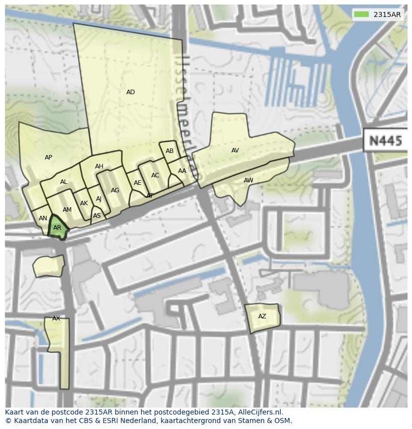 Afbeelding van het postcodegebied 2315 AR op de kaart.