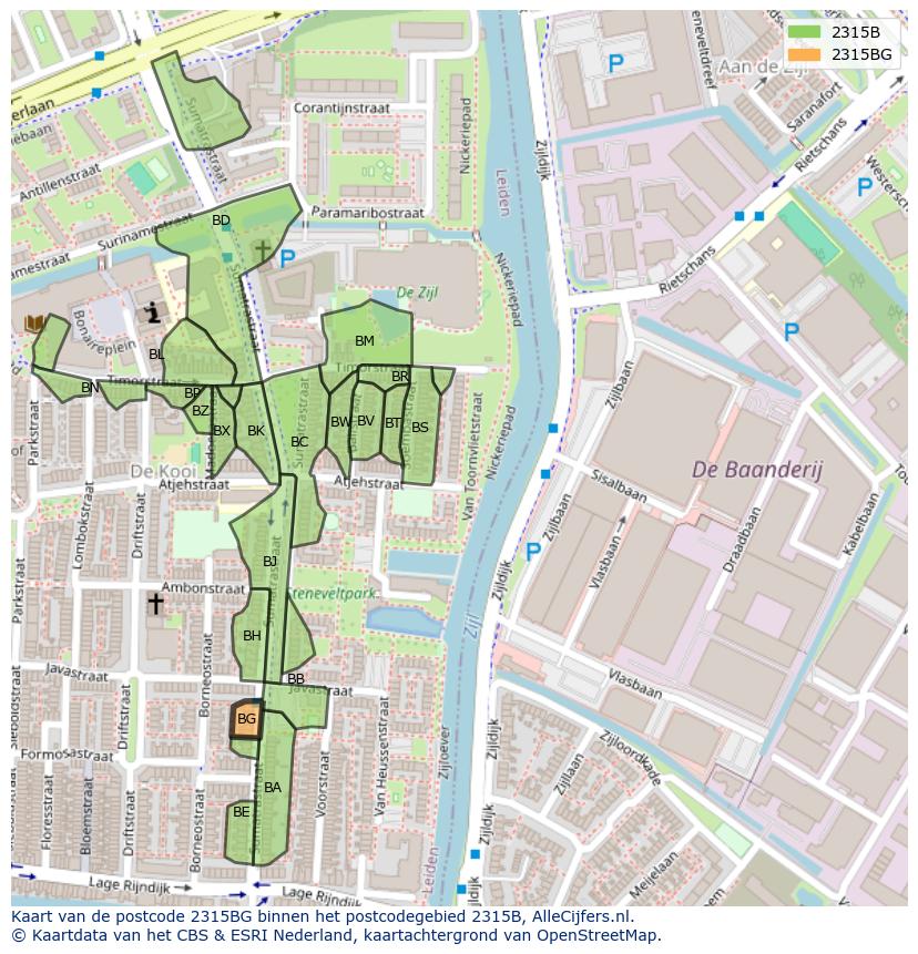 Afbeelding van het postcodegebied 2315 BG op de kaart.