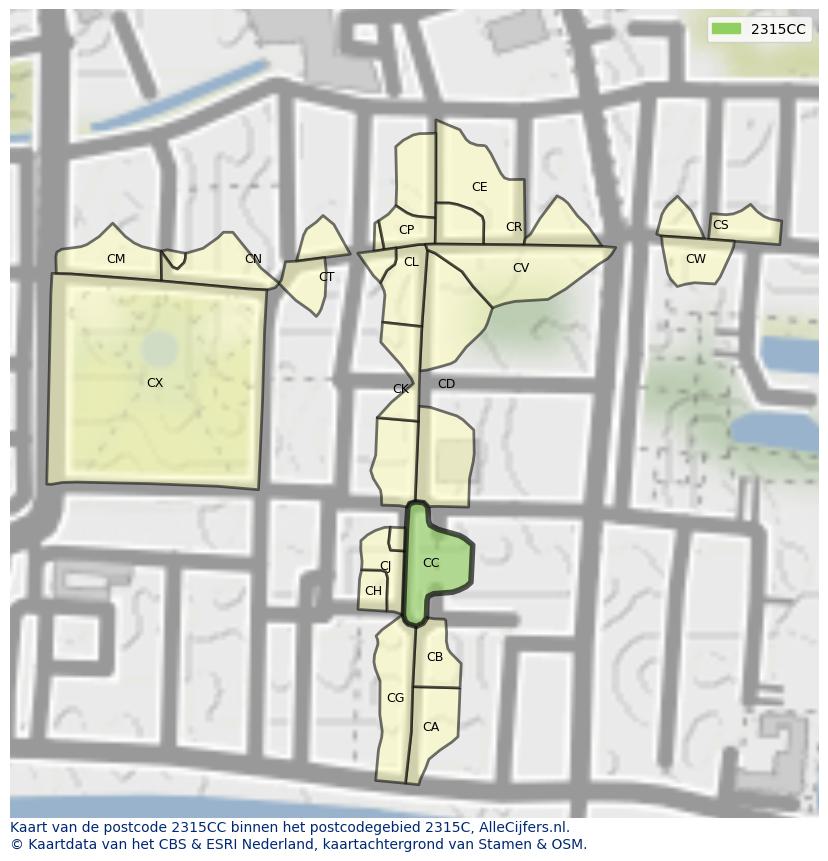 Afbeelding van het postcodegebied 2315 CC op de kaart.