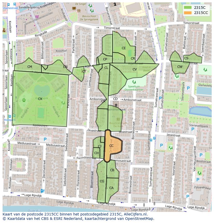 Afbeelding van het postcodegebied 2315 CC op de kaart.