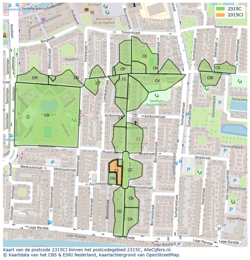 Afbeelding van het postcodegebied 2315 CJ op de kaart.