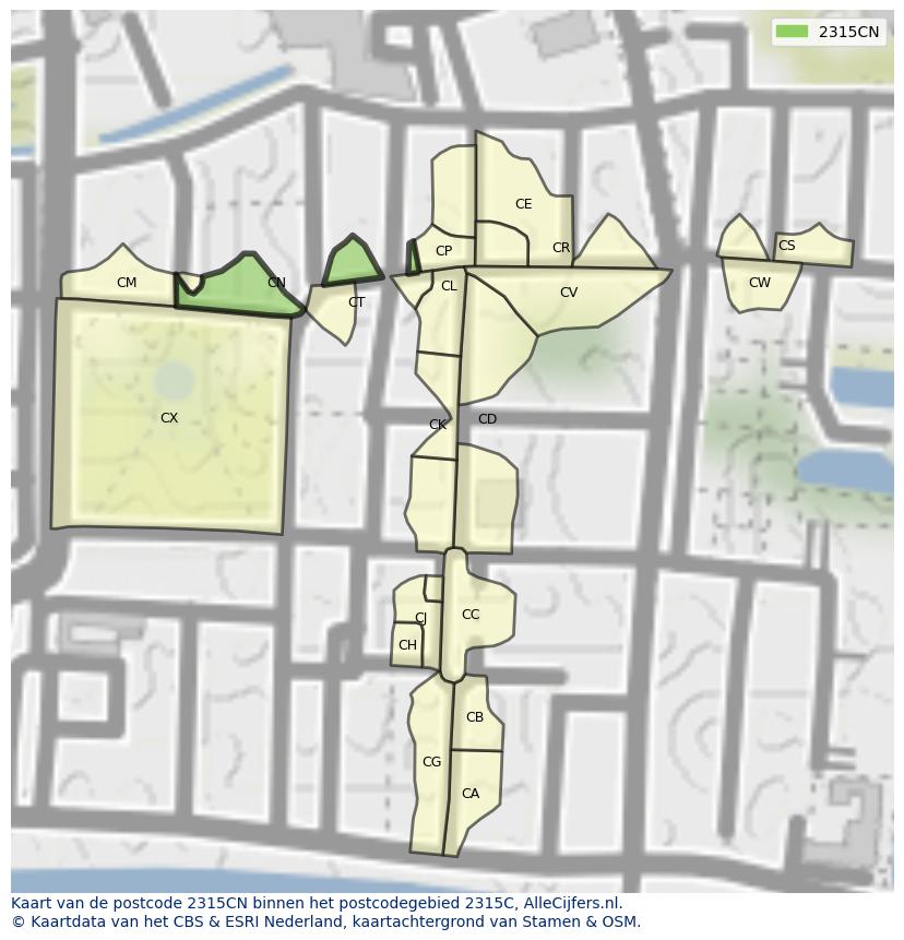Afbeelding van het postcodegebied 2315 CN op de kaart.