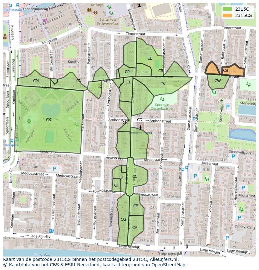 Afbeelding van het postcodegebied 2315 CS op de kaart.
