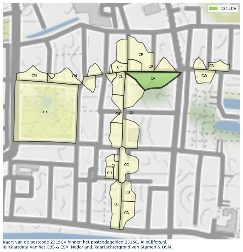 Afbeelding van het postcodegebied 2315 CV op de kaart.