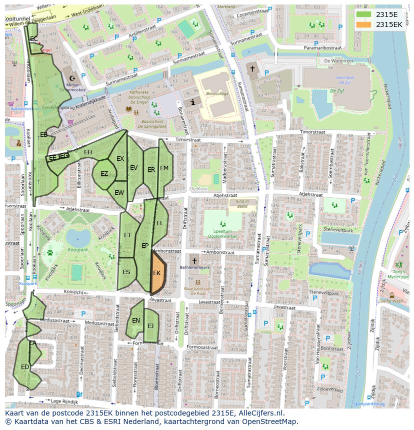 Afbeelding van het postcodegebied 2315 EK op de kaart.