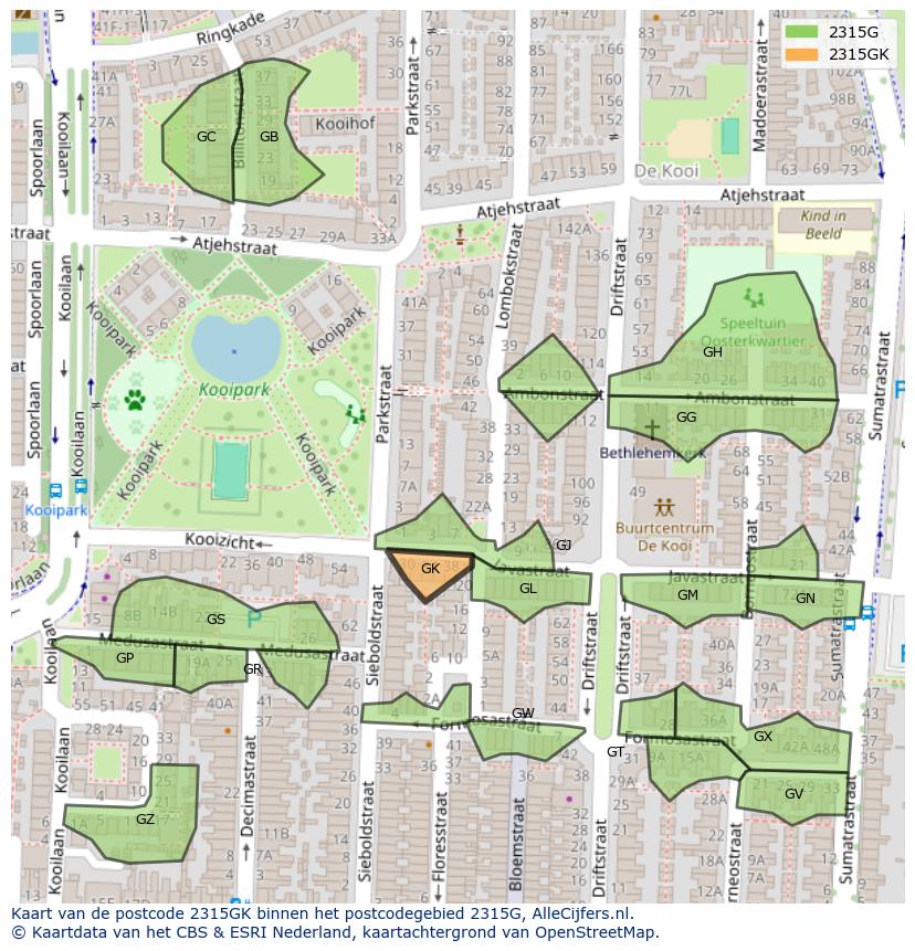 Afbeelding van het postcodegebied 2315 GK op de kaart.