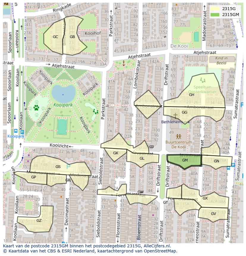 Afbeelding van het postcodegebied 2315 GM op de kaart.