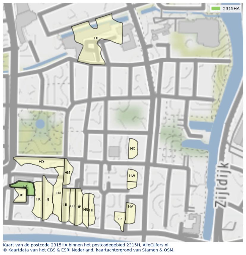 Afbeelding van het postcodegebied 2315 HA op de kaart.