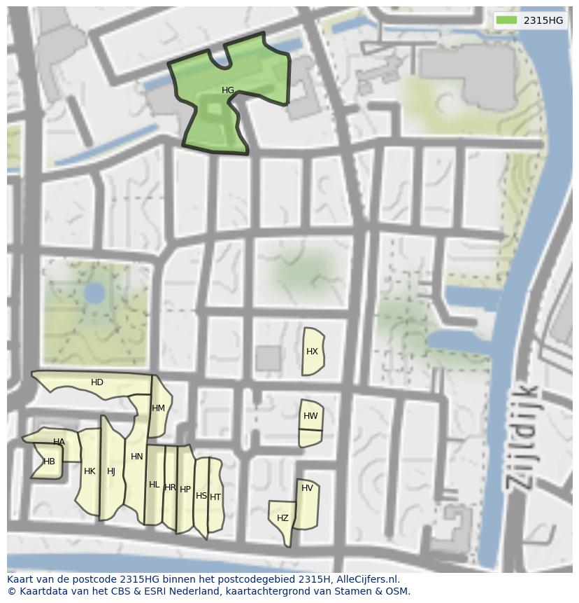 Afbeelding van het postcodegebied 2315 HG op de kaart.