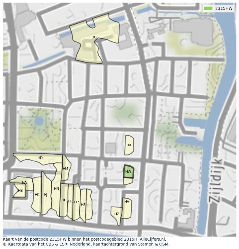Afbeelding van het postcodegebied 2315 HW op de kaart.