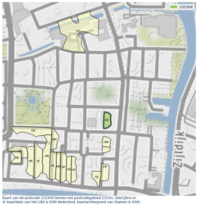 Afbeelding van het postcodegebied 2315 HX op de kaart.