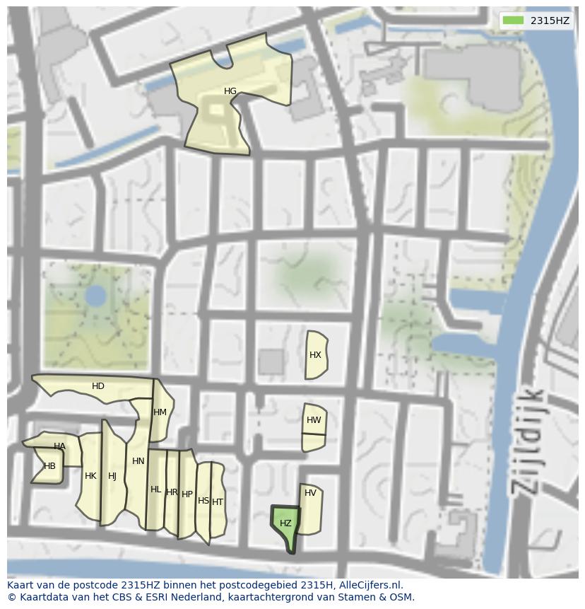 Afbeelding van het postcodegebied 2315 HZ op de kaart.
