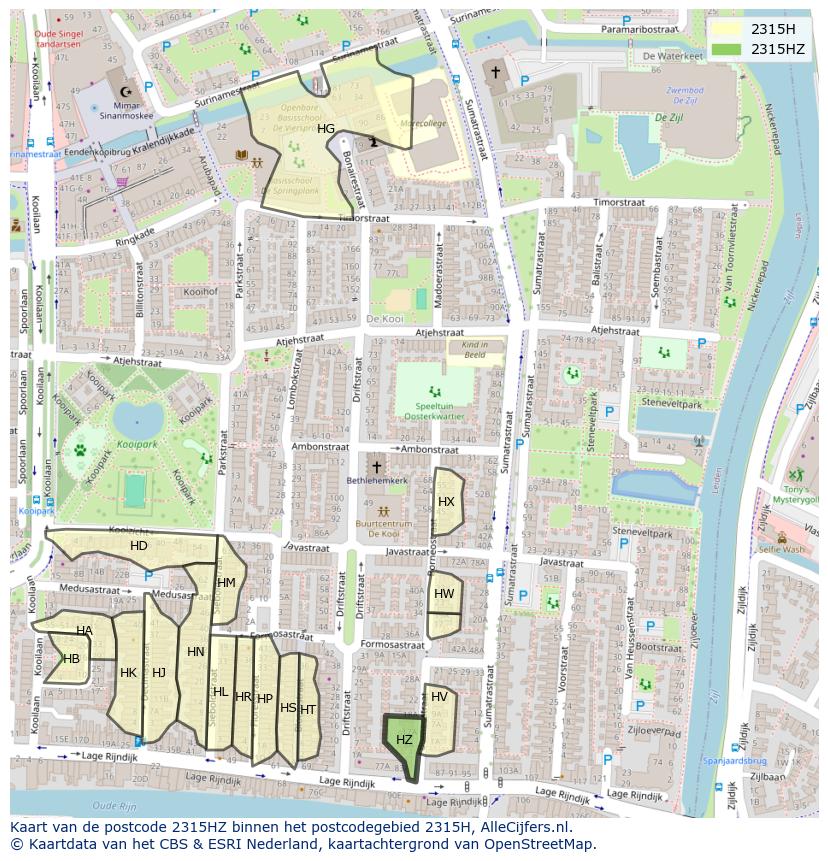 Afbeelding van het postcodegebied 2315 HZ op de kaart.